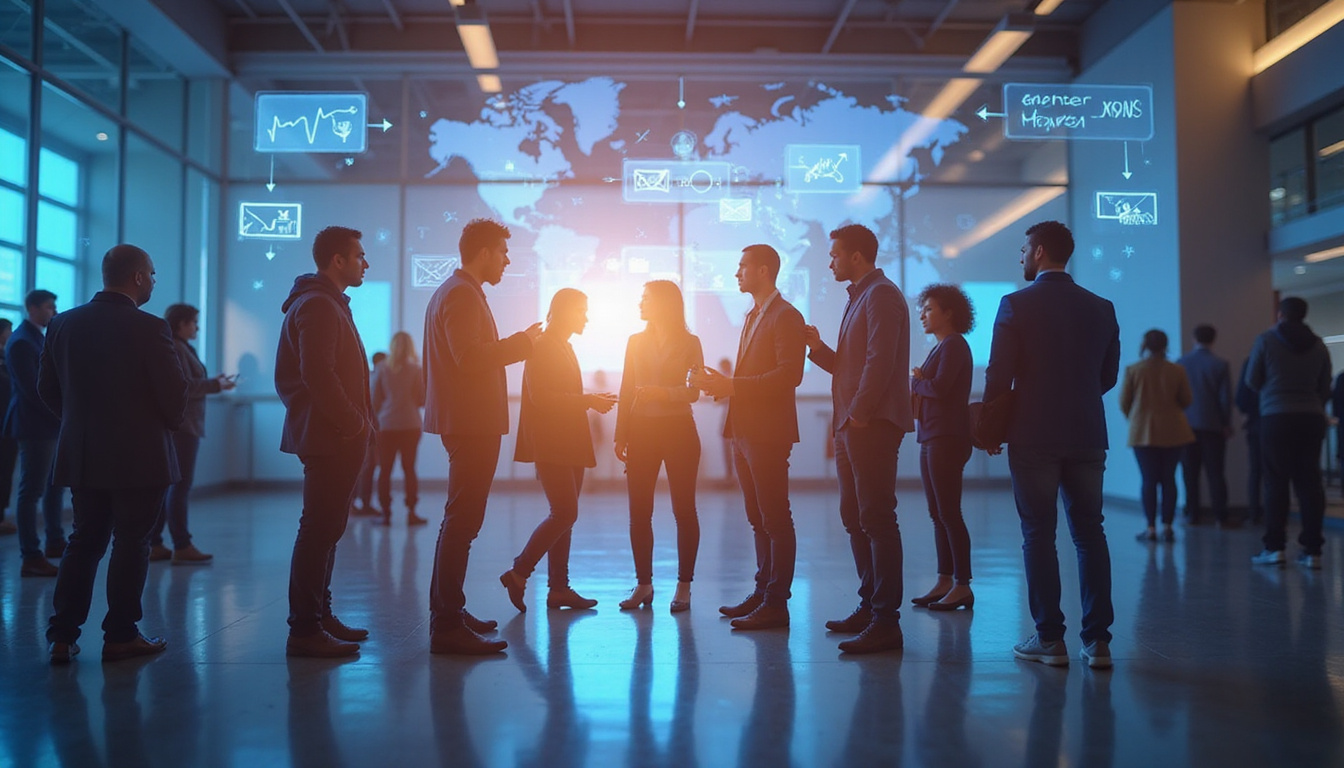  Diverse consumers interacting with holographic advertising, symbolizing trust and transparency in marketing