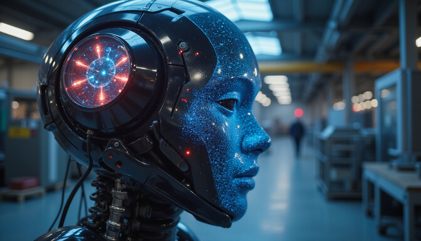Intelligent machine with complex neural network glowing, interacting in smart factory setting