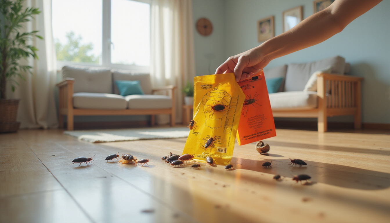 Close-up of a hand setting sticky roach traps in a tidy, pest-free living room environment