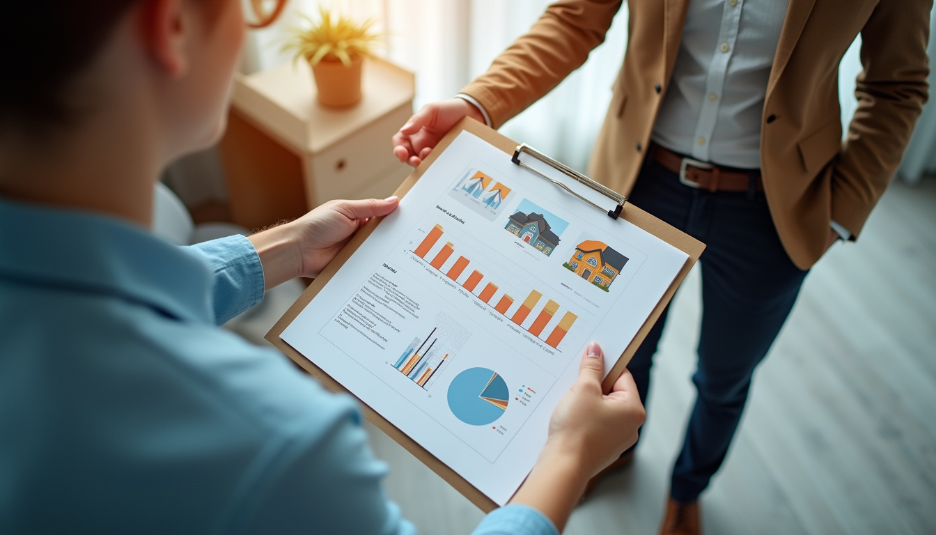 Top-down view of real estate agent showing property report to clients, modern office lighting
