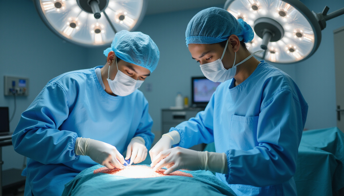 doctor performing fecal transplant procedure, sterile clinical environment, modern medical technology