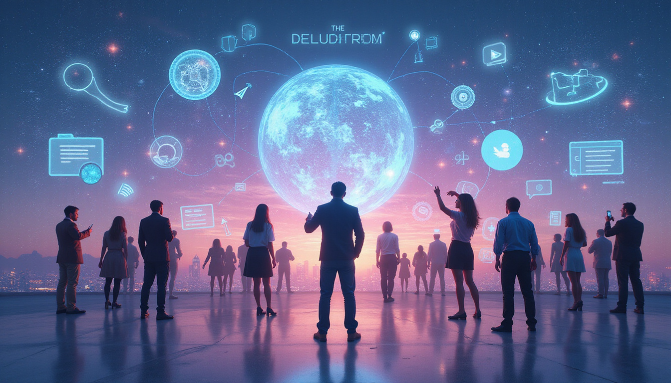  Diverse people interacting with holographic digital assets, dynamic futuristic cityscape background