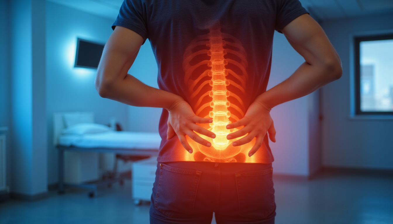 frustrated person holding lower back with highlighted gluteal pain area, clinical background