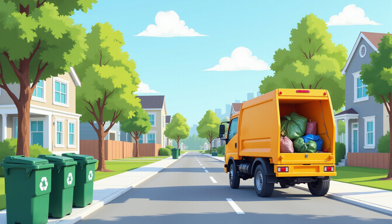 Efficient bulk waste pickup, community teamwork, recycling bins, clean neighborhood, daytime