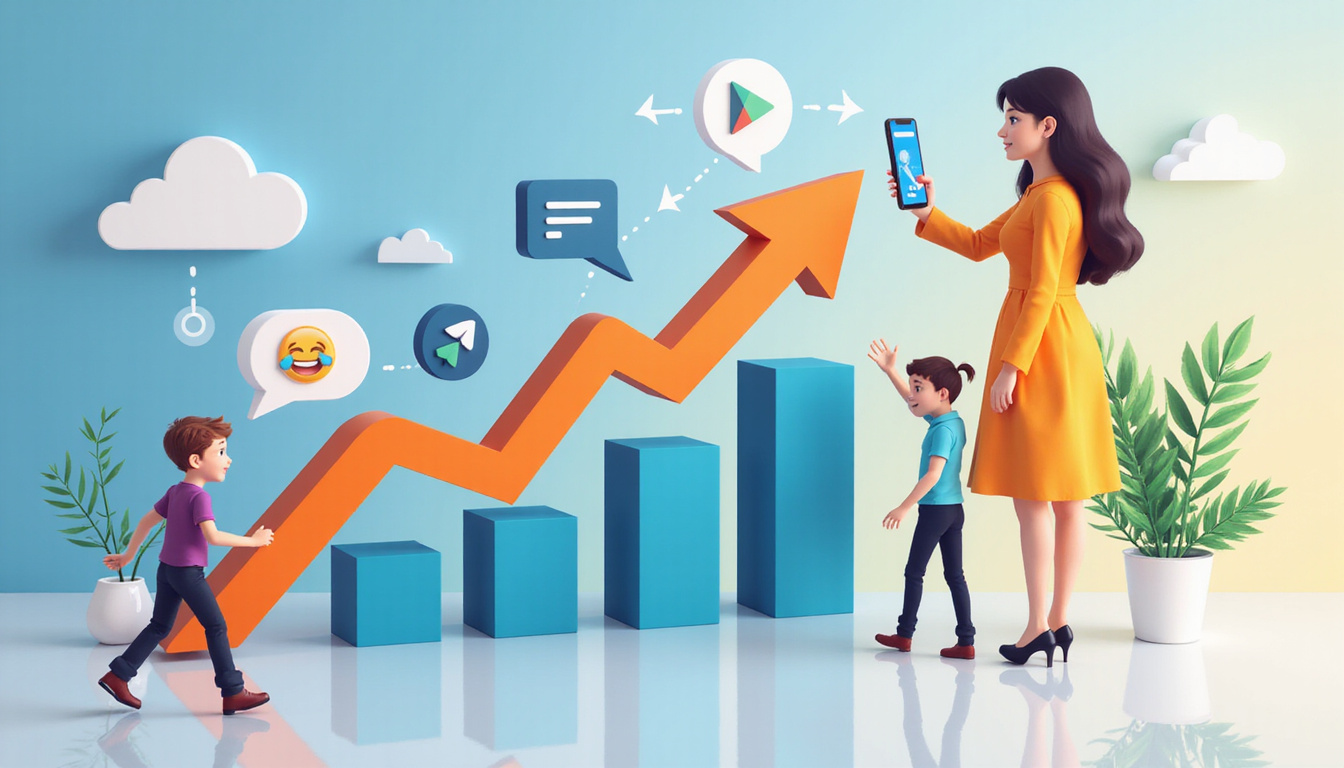 Modern business growth concept with upward arrow, phone icons, and satisfied customer illustrations