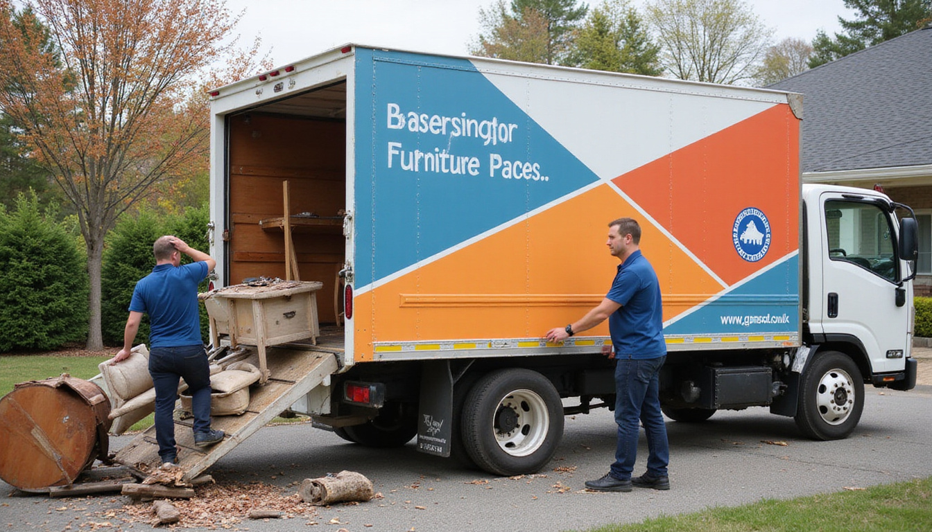  Friendly professionals loading old furniture into a clean, branded disposal truck outdoors
