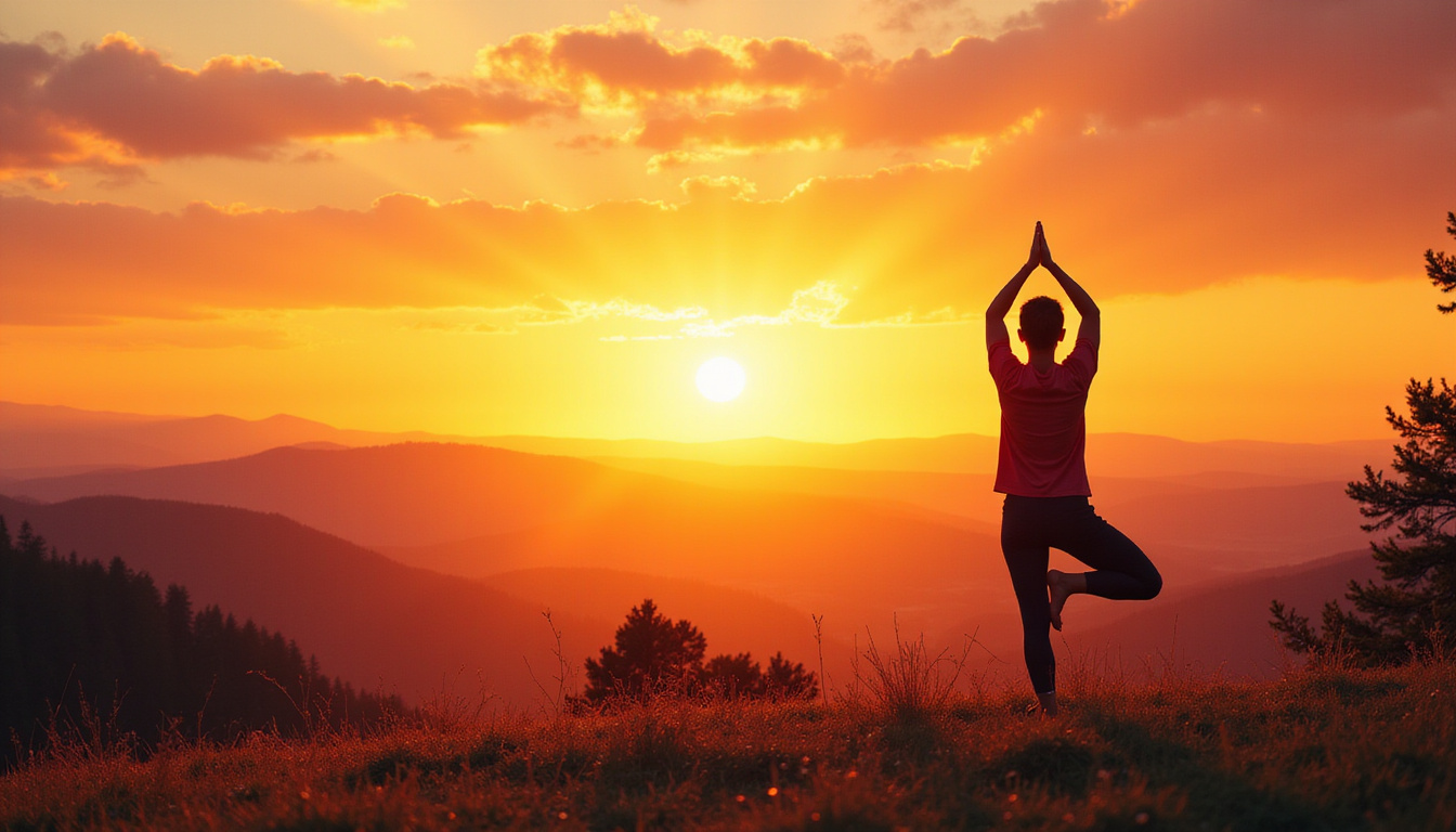 serene nature landscape with person practicing yoga at sunrise, aura of calm energy