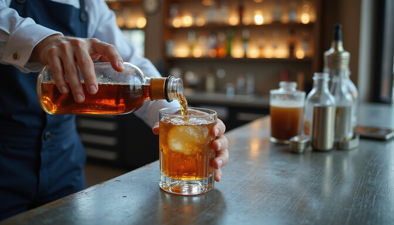 close-up of hands pouring alcohol, clean bar environment, compliance checklist