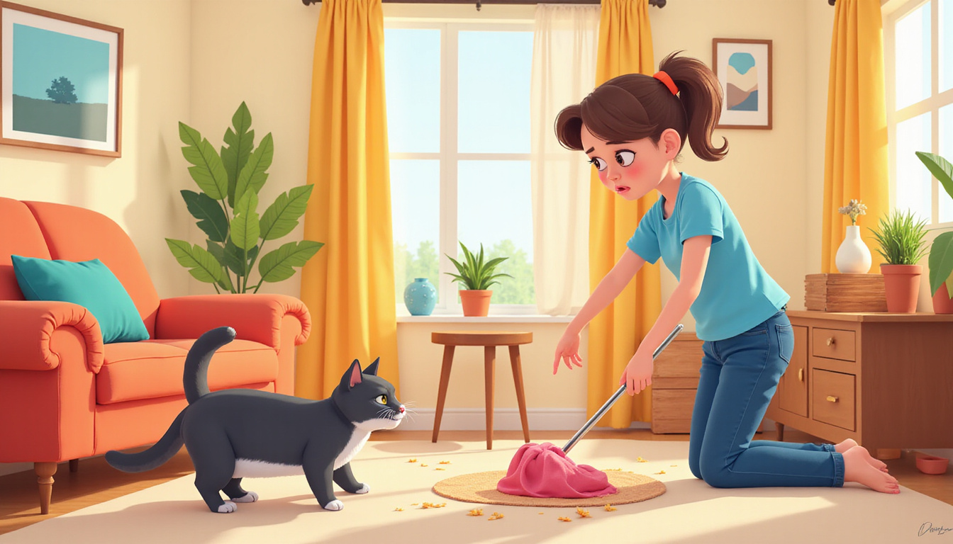 Cat owner cleaning furniture after cat spraying, frustrated expression, cozy living room