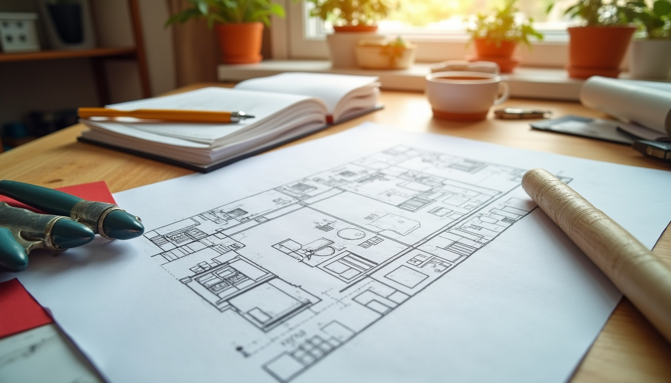  Efficient home remodeling blueprint, tools on wooden table, bright workspace, creative planning