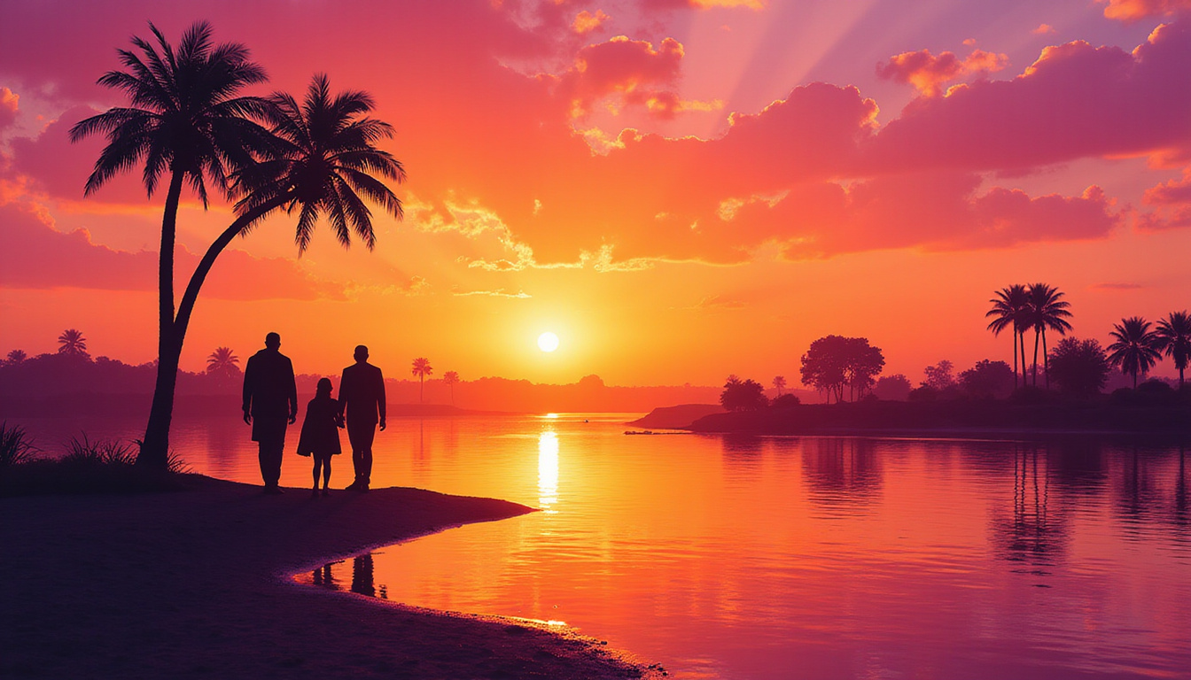 travelers enjoying vibrant orange and pink sunset over Nile River with silhouetted palm trees