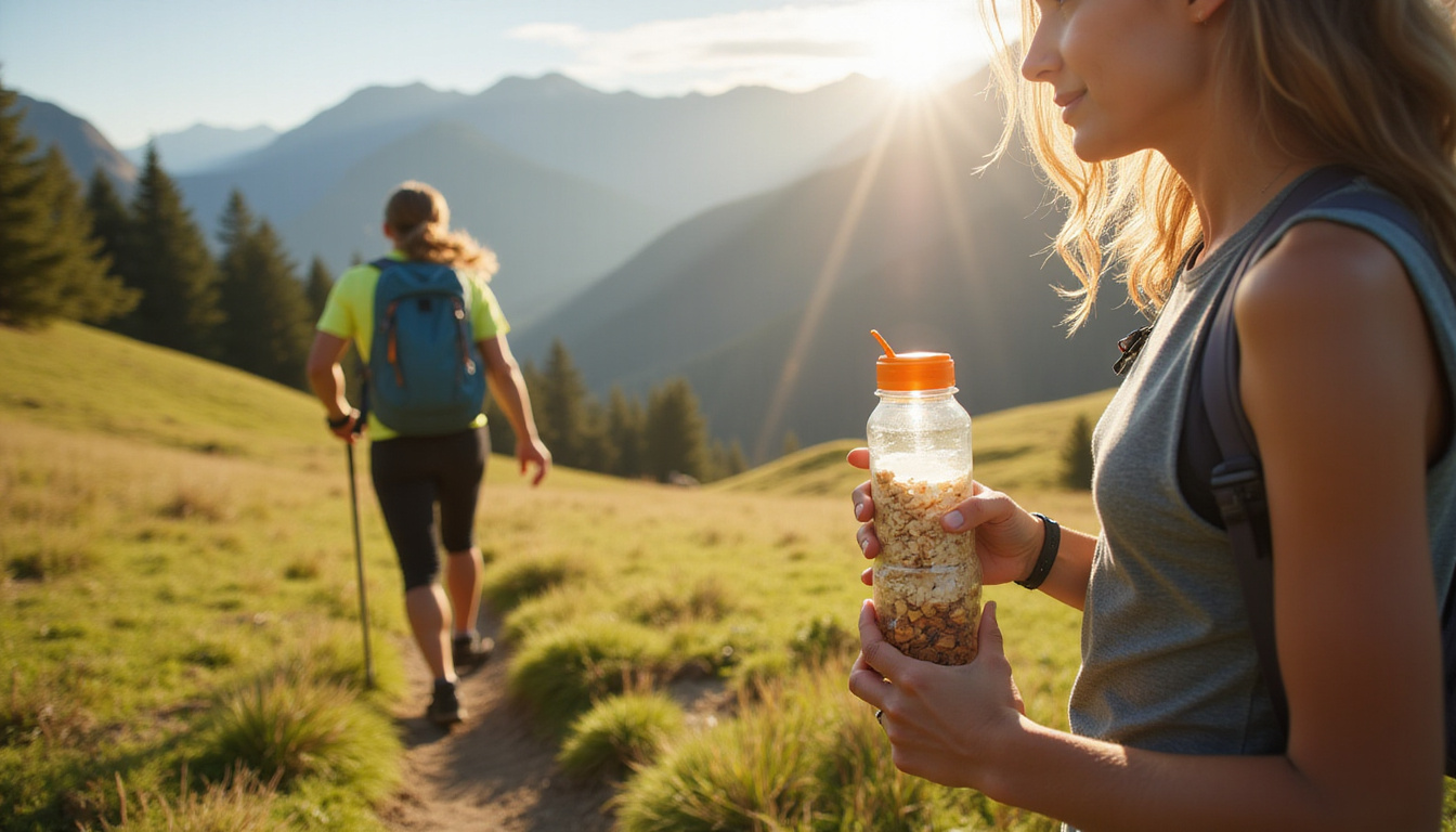 Energetic person hiking with water bottle, low carb healthy snacks, bright natural setting