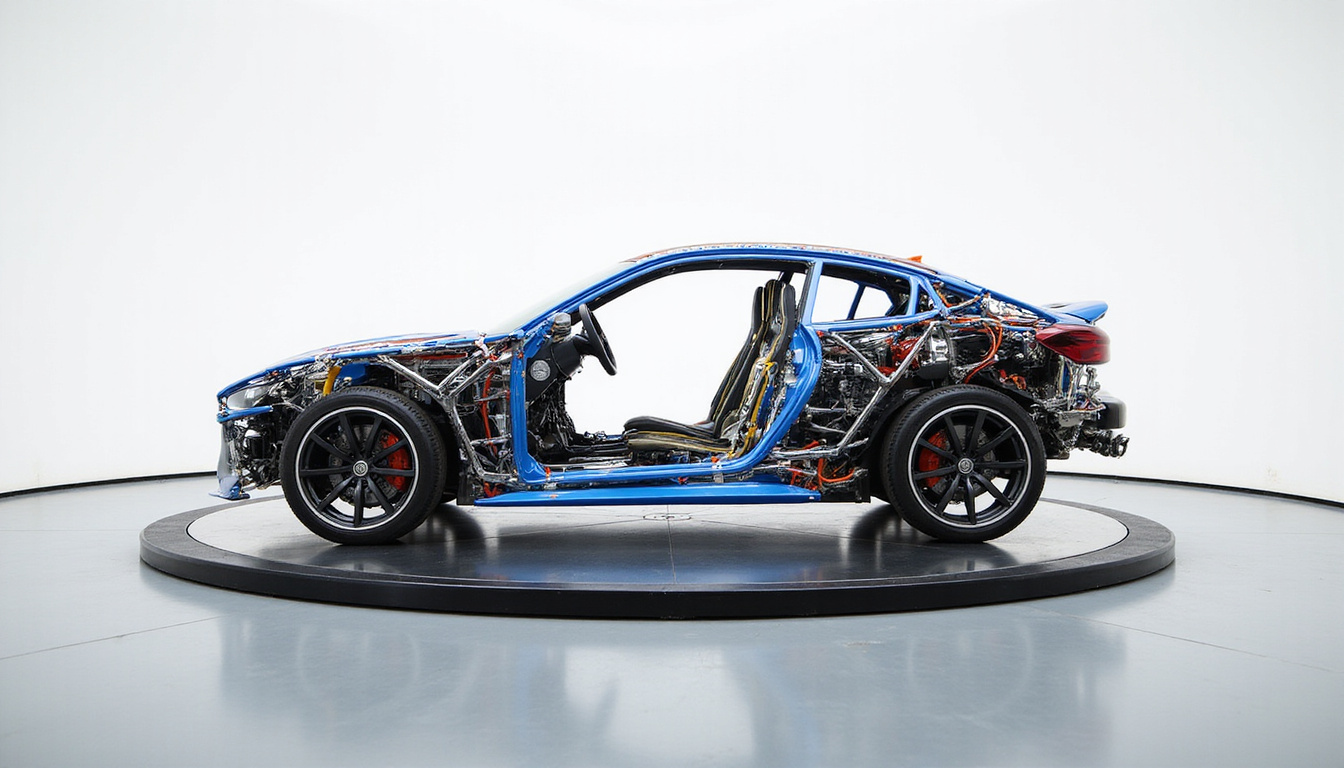 Sleek prototype car frame showcasing innovative materials and structural design on rotating platform