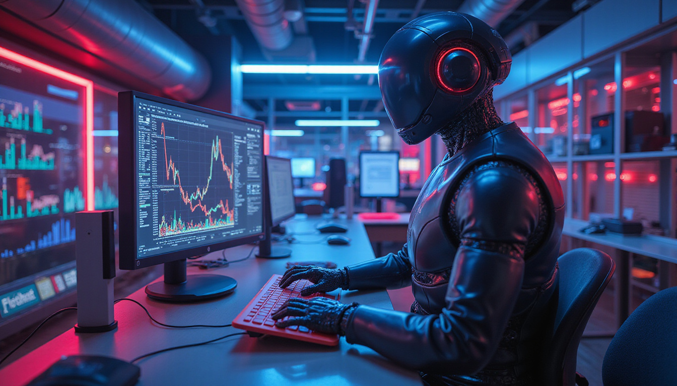 sleek AI agent autonomously managing complex data streams in modern digital environment, neon lights and dynamic graphs