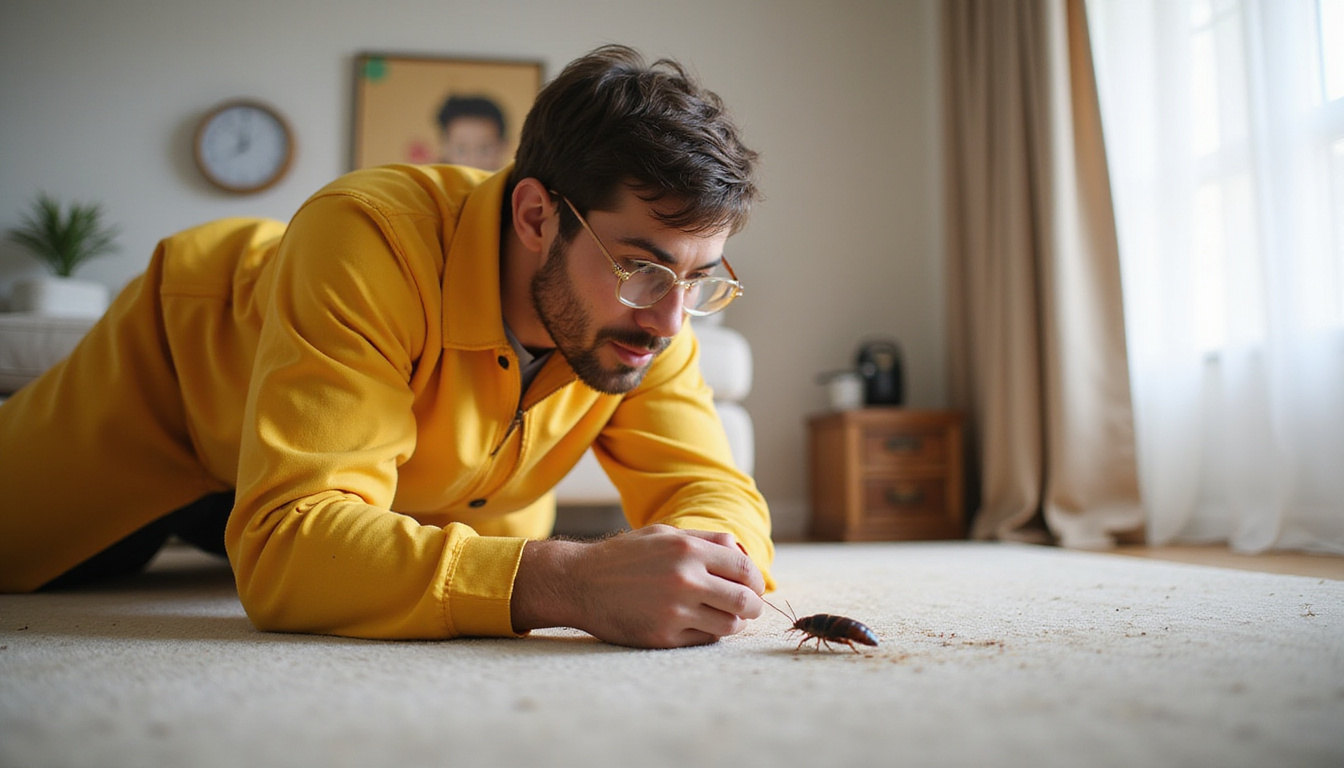 professional pest control expert inspecting a home, spotting German roach infestation, focused expression