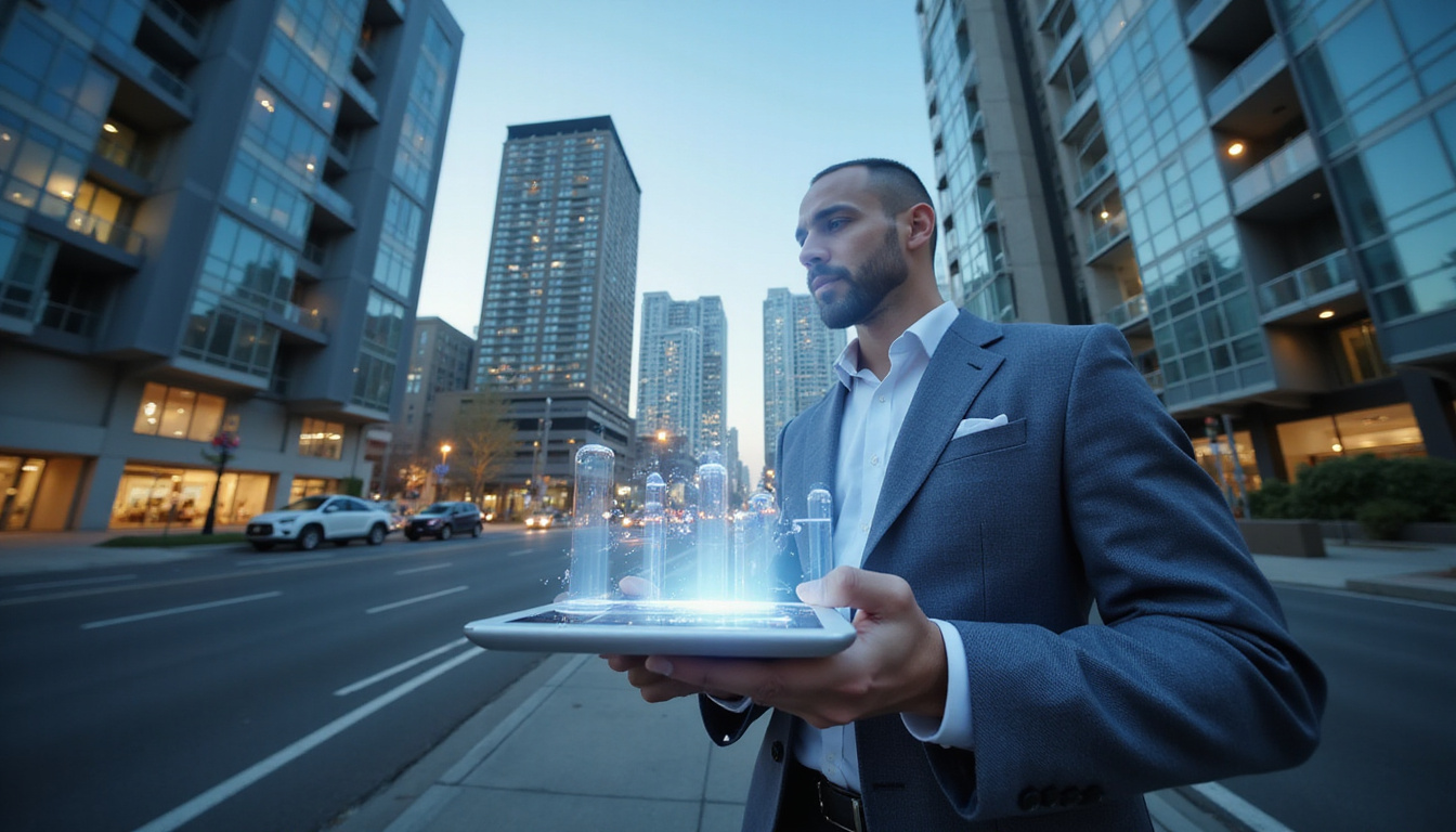 professional investor analyzing diversified real estate assets on digital tablet, urban high-rise buildings visible