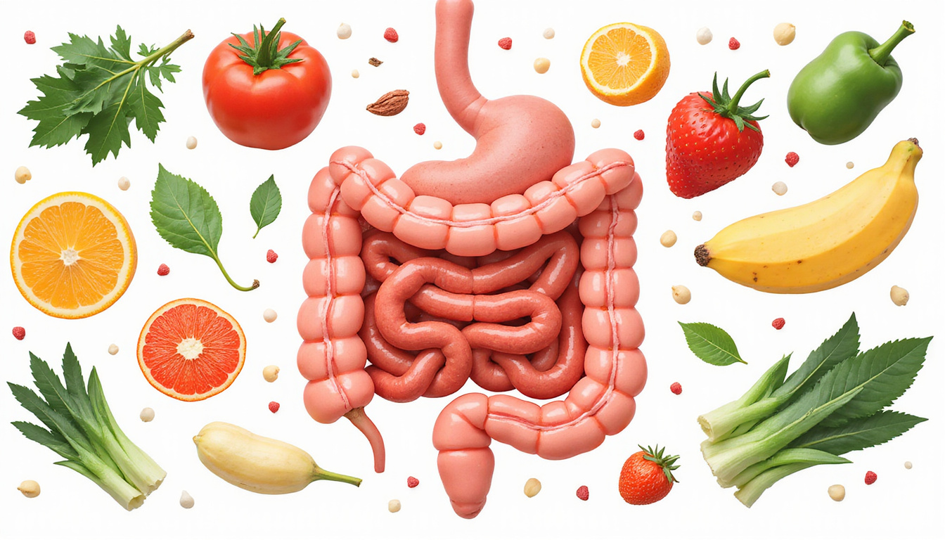Healthy lifestyle elements surrounding gut illustration, emphasizing wellness and vitality