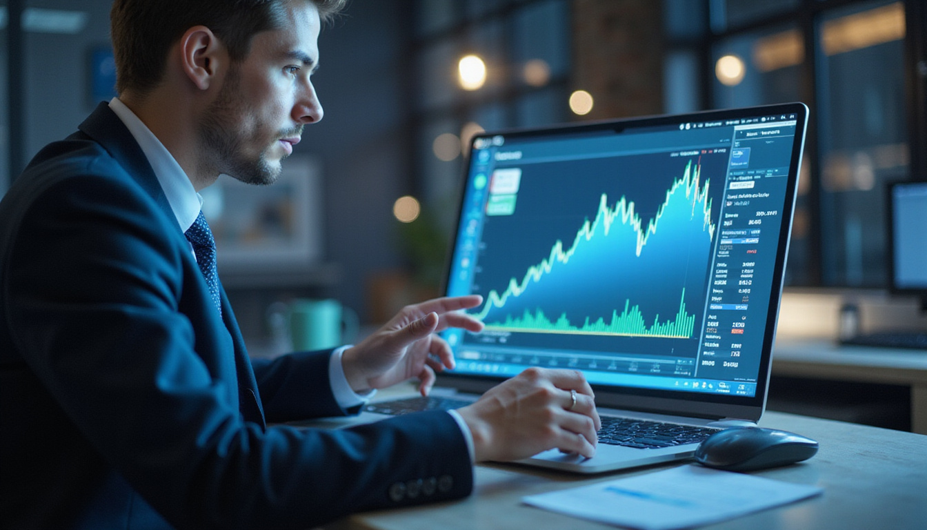  Confident investor analyzing crypto charts on transparent digital interface, safe lending concept