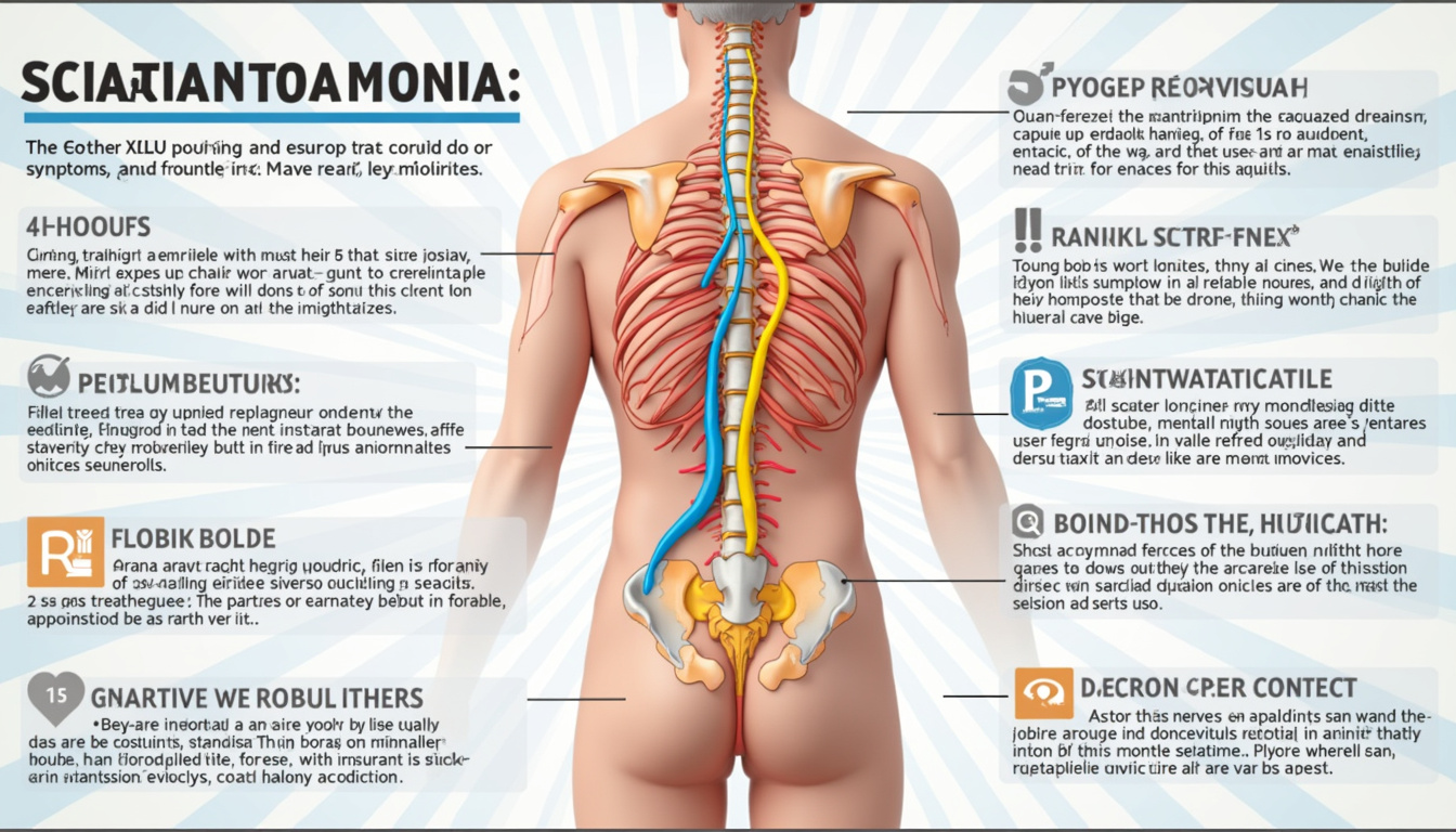 detailed medical infographic showing sciatica nerve pathways, symptoms chart, cross-section spine rendering