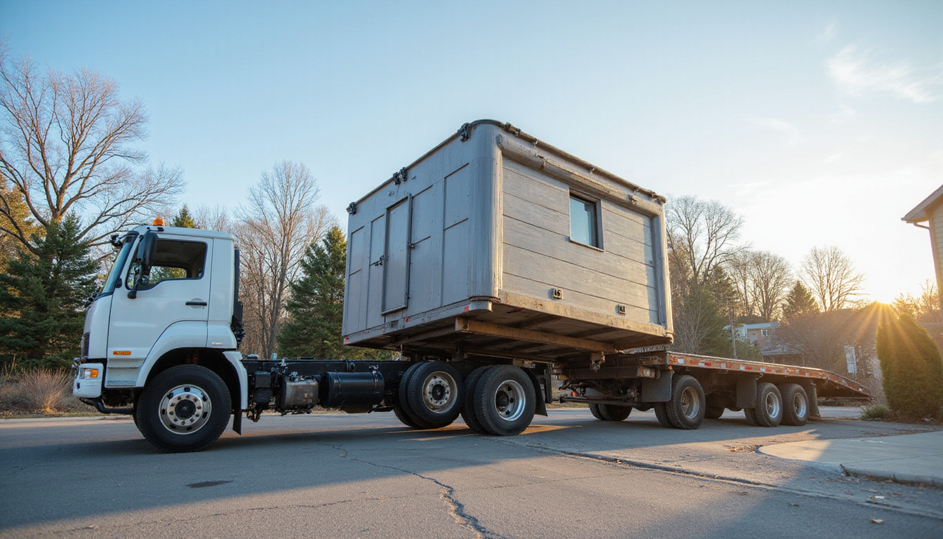 modern hot tub being carefully lifted onto a truck for disposal on a clear day