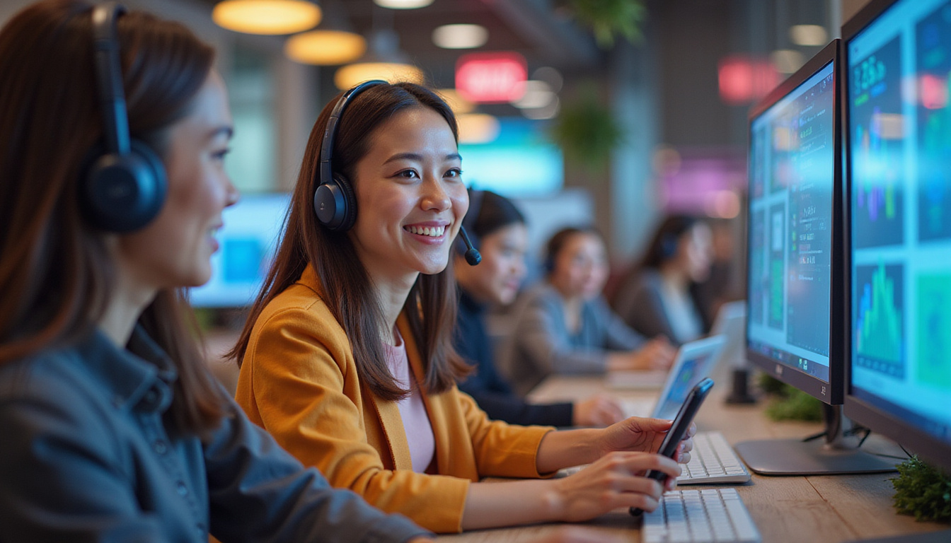 Happy customers receiving excellent phone support, smiling, colorful abstract tech background