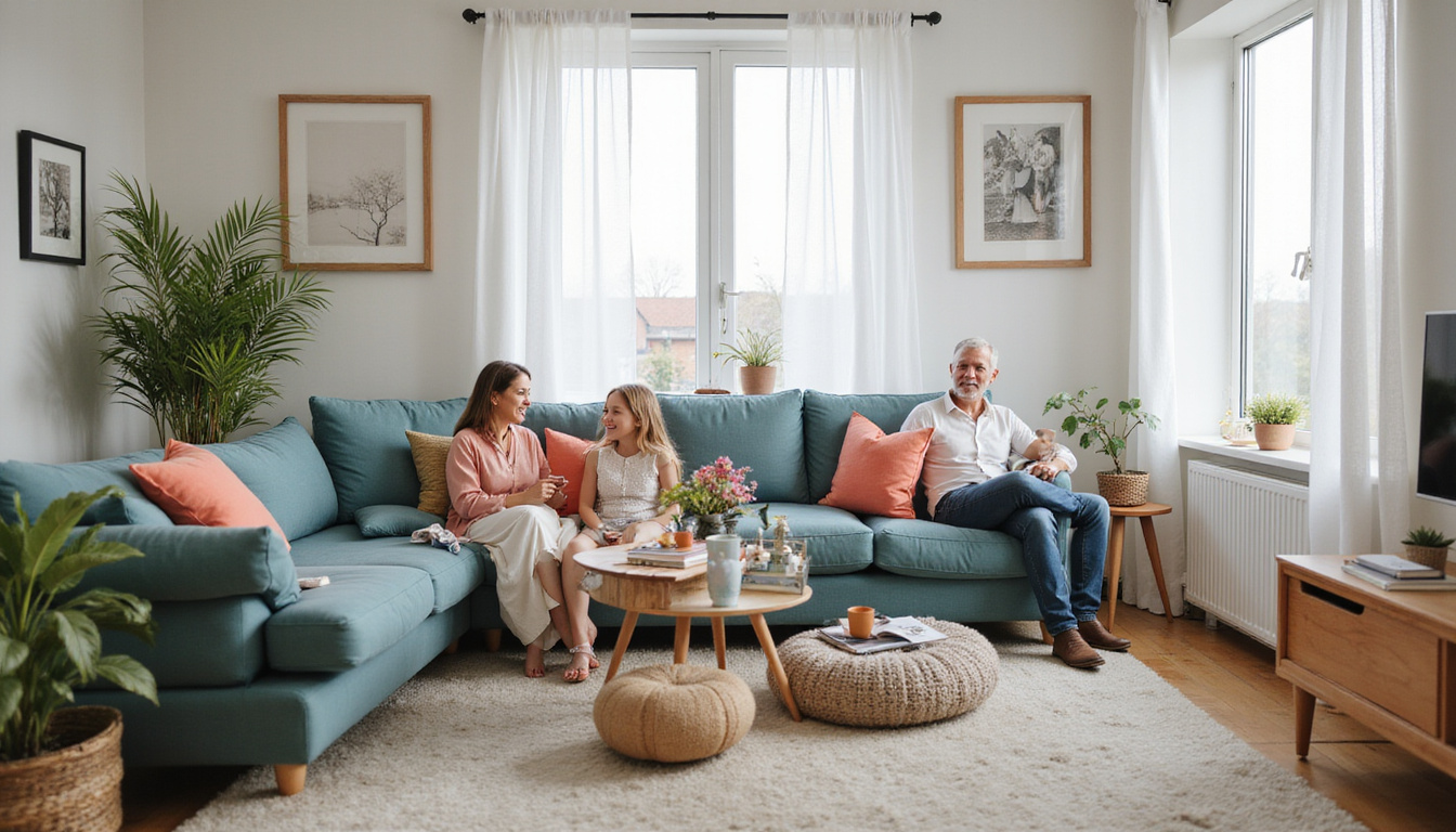 tidy living room with removed clutter, happy family relaxing peacefully after junk removal service