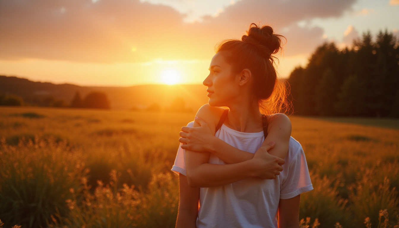 A peaceful sunrise with soft light illuminating a person embracing nature, aura glowing gently