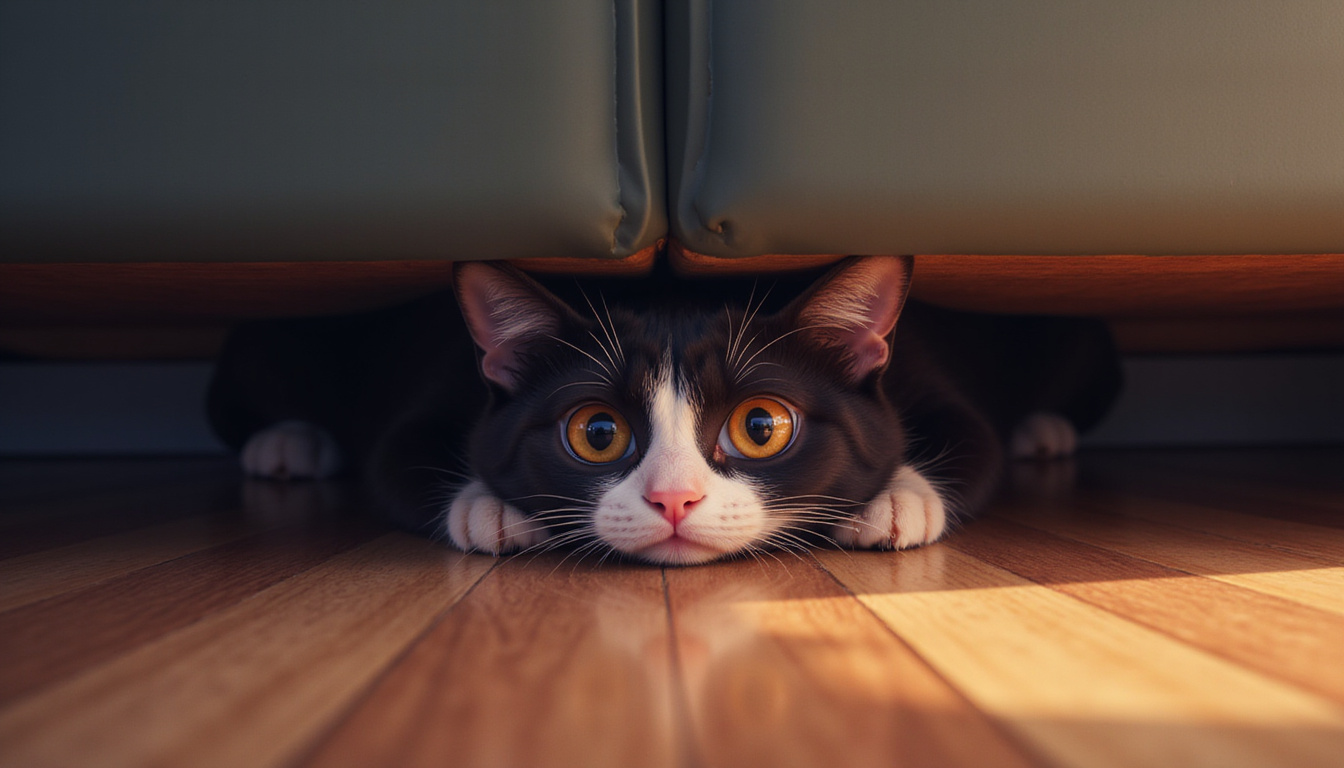 stressed cat hiding under furniture, anxious eyes, dim cozy home lighting