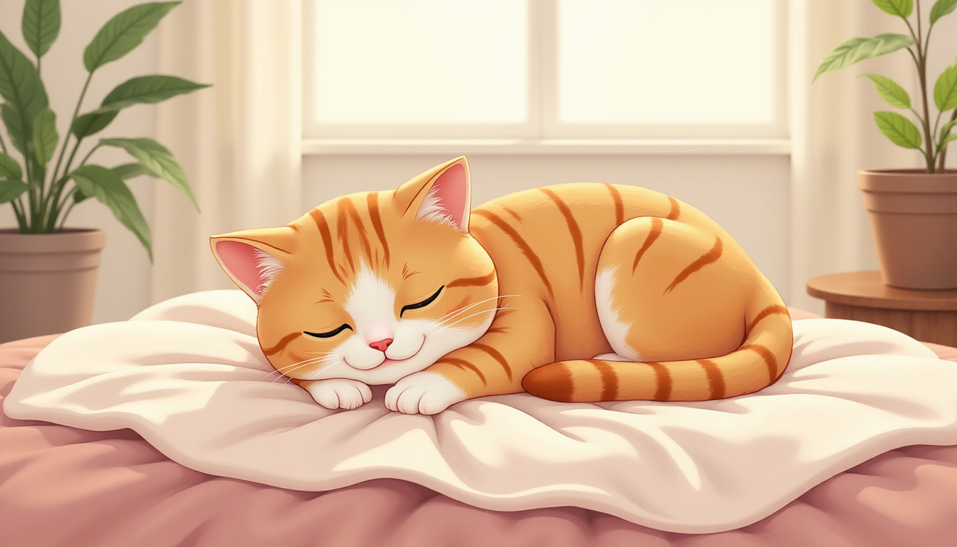 calm cat resting peacefully on soft blanket, gentle sunlight, serene environment, soothing colors