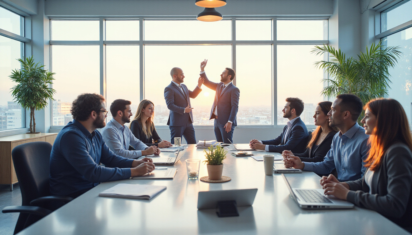  small business team celebrating federal project win, diverse professionals, office environment