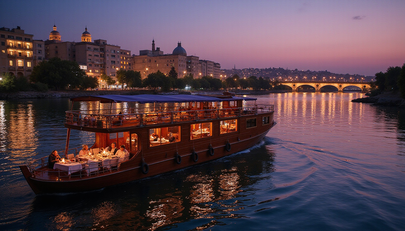  Romantic Nile River dinner cruise at twilight, traditional boat, glowing city lights, serene water reflections