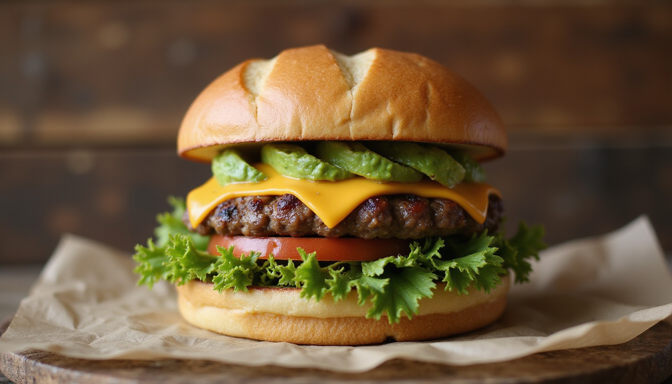 Satisfying keto-friendly burger with melted cheese and avocado, rustic wooden background