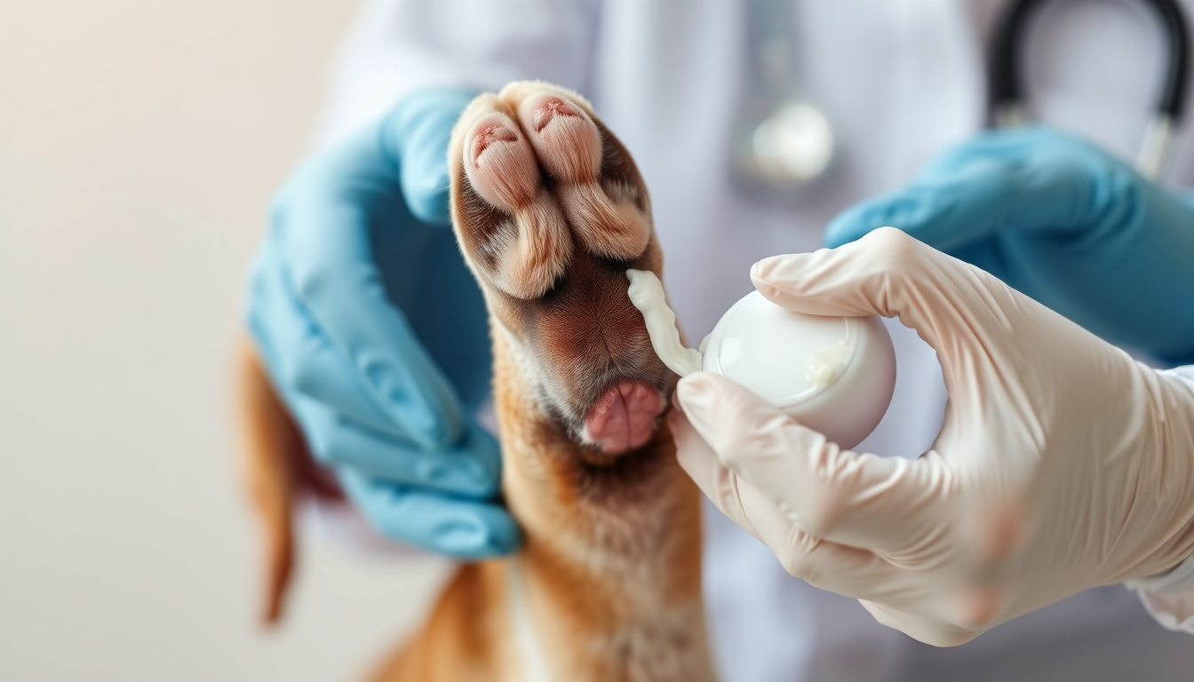 Close-up of dog paw and veterinarian hands applying joint cream, clinical setting, soft focus background
