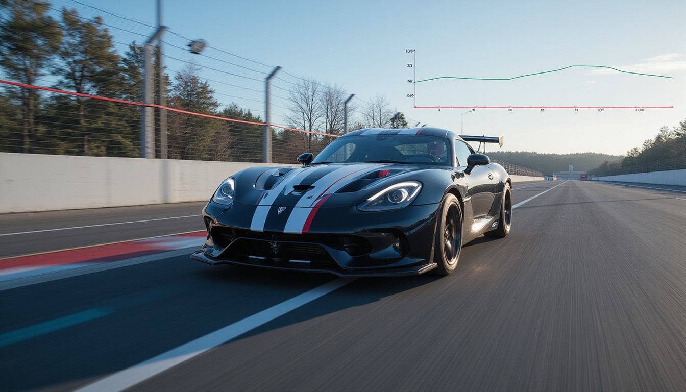 sleek racecar zooming on track, overlay of dynamic real-time telemetry graphs, vibrant colors