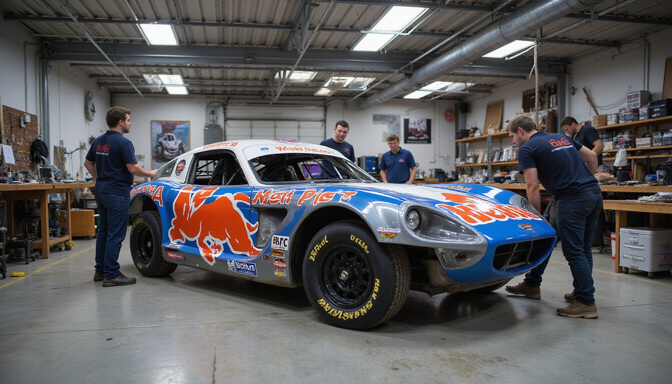 Engineers stripping down Baja 1000 race car, high-tech materials, weight reduction, racing workshop atmosphere