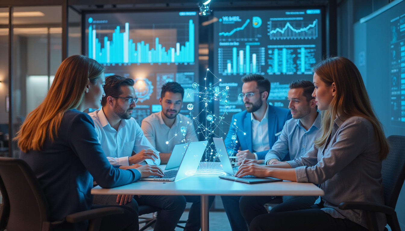  diverse marketing team brainstorming over holographic Web3 campaign analytics in a high-tech office