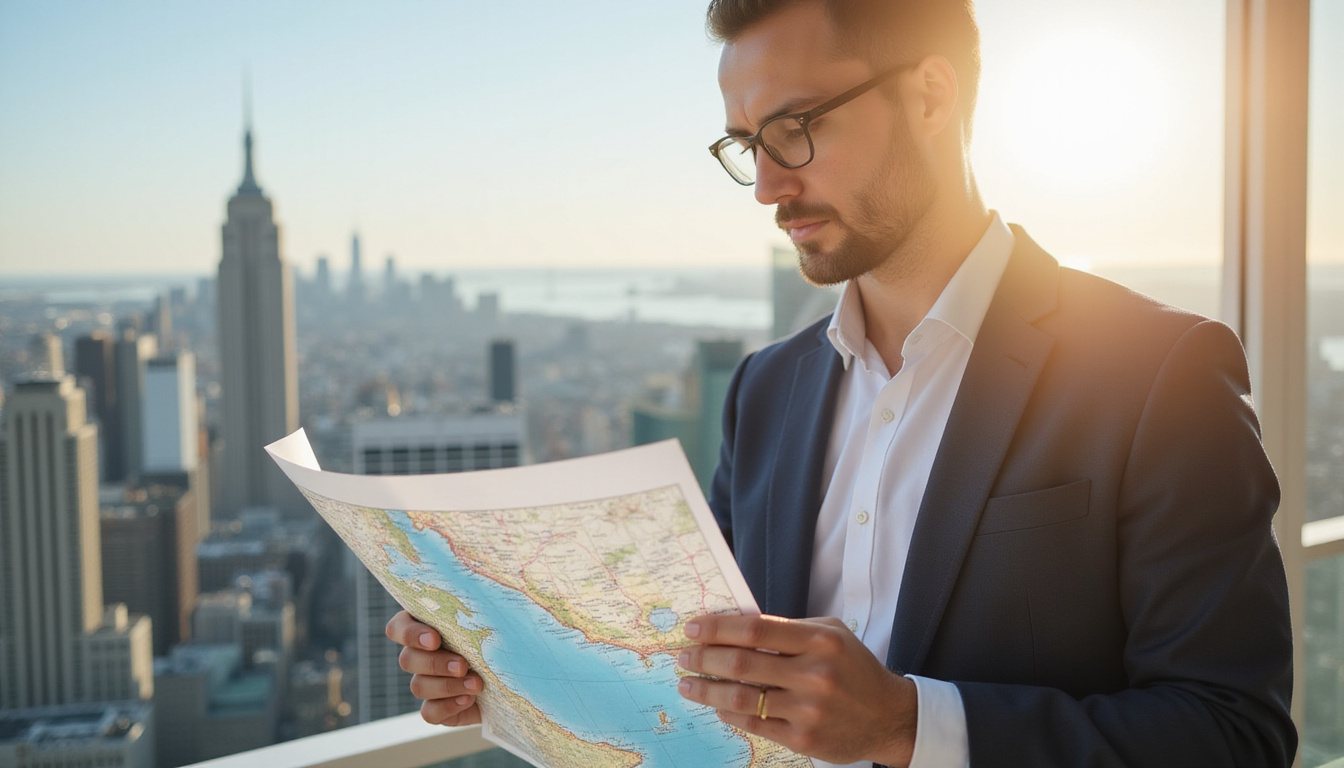 Investor examining land map with city skyline in background, bright sunlight