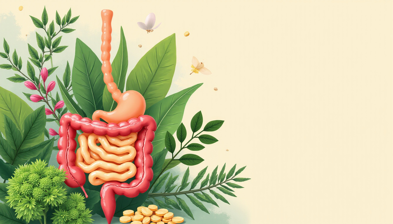 Herbal remedy with fresh plants, capsules, and healthy digestive system illustration, calming background