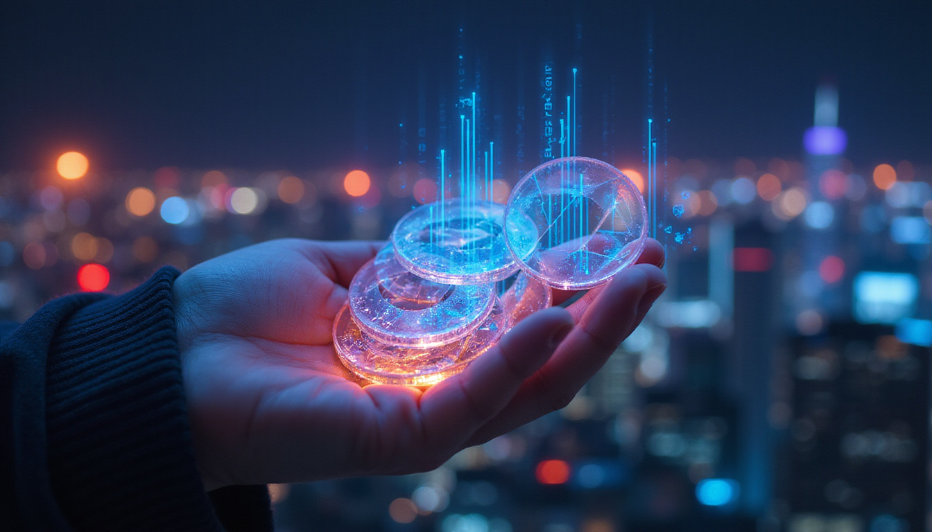 Hand holding transparent cryptocurrency tokens with holographic data projections, tech cityscape backdrop
