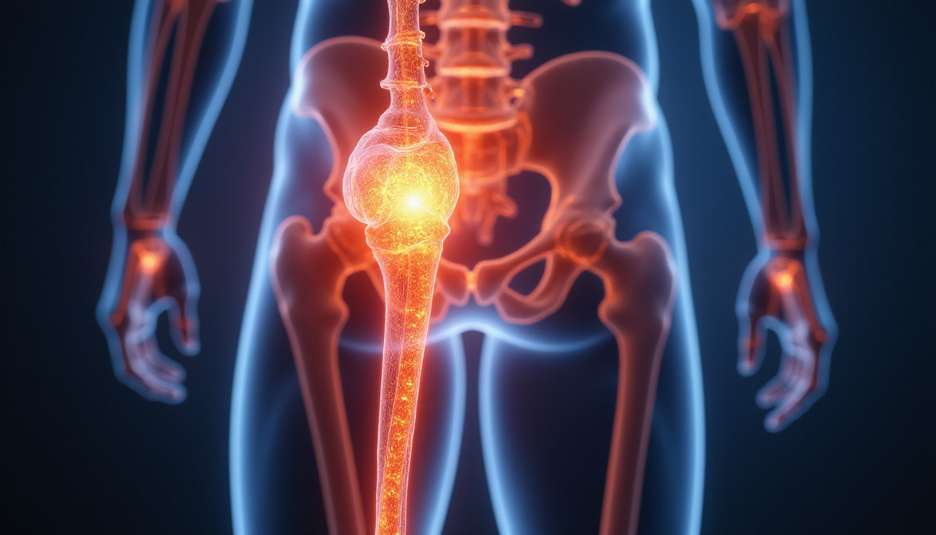 close-up of sciatic nerve anatomy with highlighted pain points, futuristic medical illustration