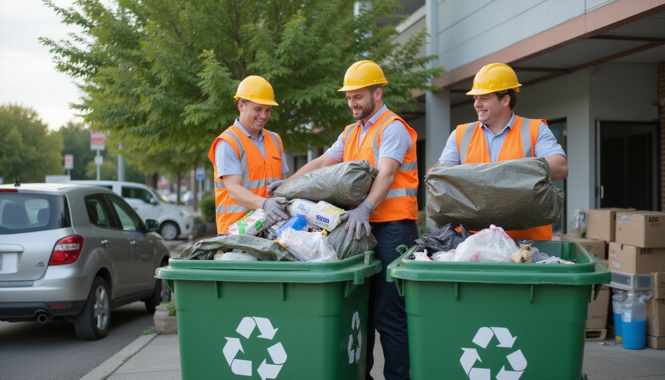 cheerful workers efficiently loading bulky trash into recycling containers outdoors