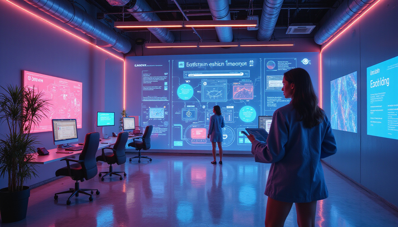 Futuristic call center with AI-powered answering solutions, seamless communication, vibrant digital interface