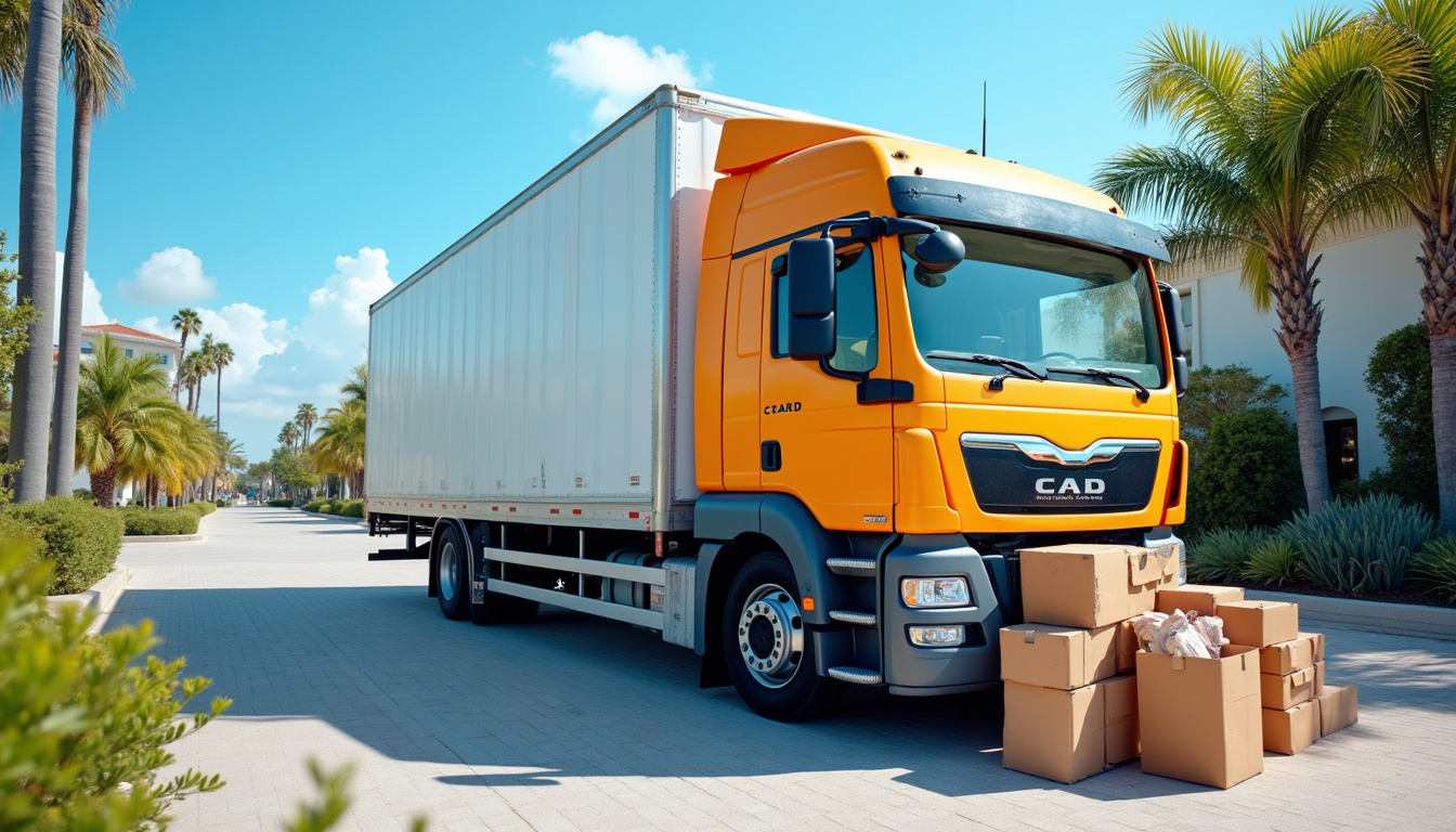Efficient junk removal truck loading clutter, organized urban driveway, clear blue sky