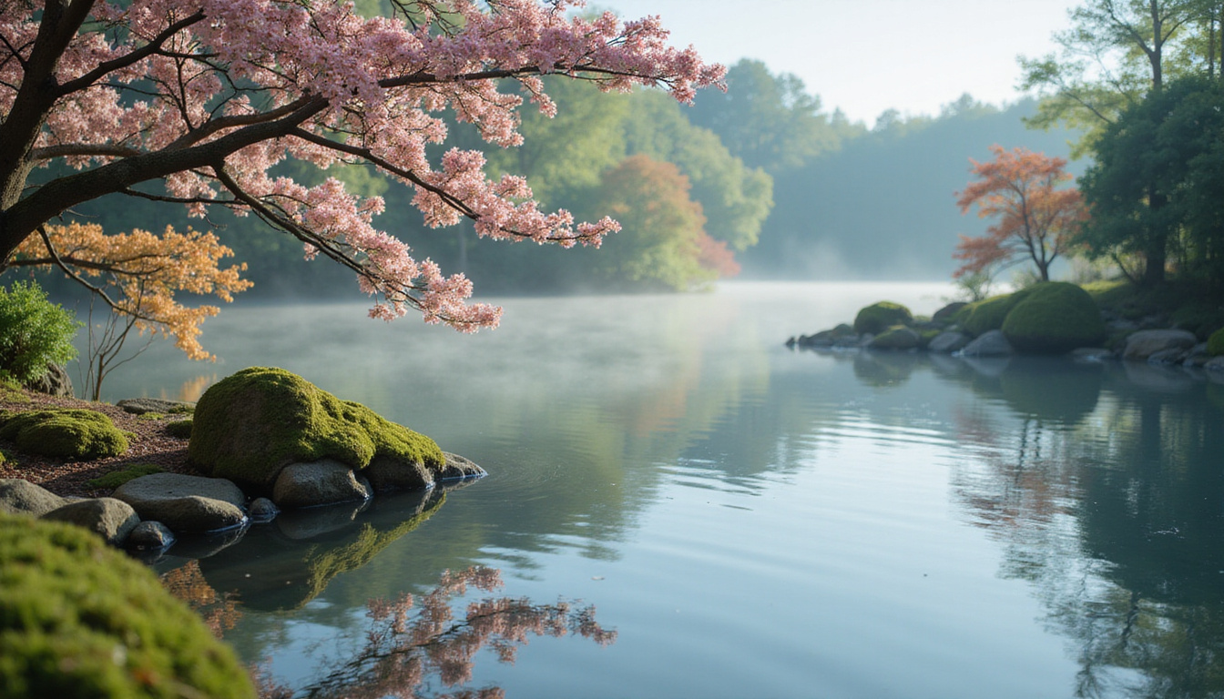 tranquil zen garden with blooming flowers, calm water reflections, gentle morning mist, spiritual harmony