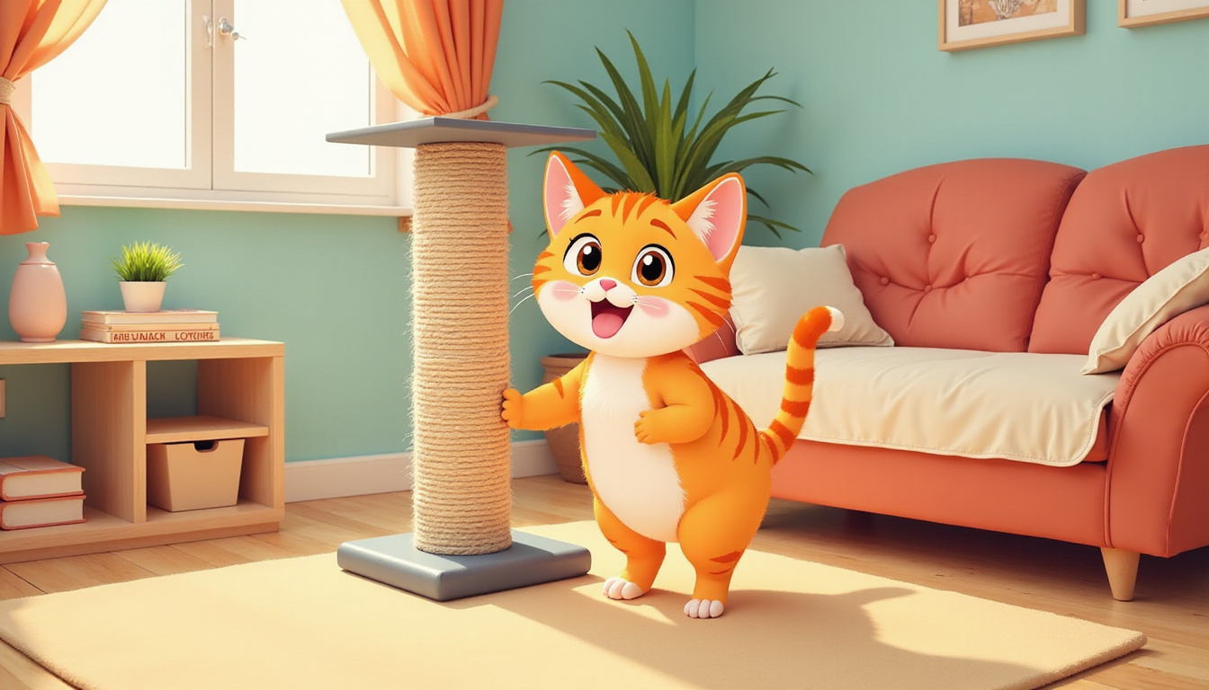 Curious cat near scratching post with protective furniture covers in cozy living room