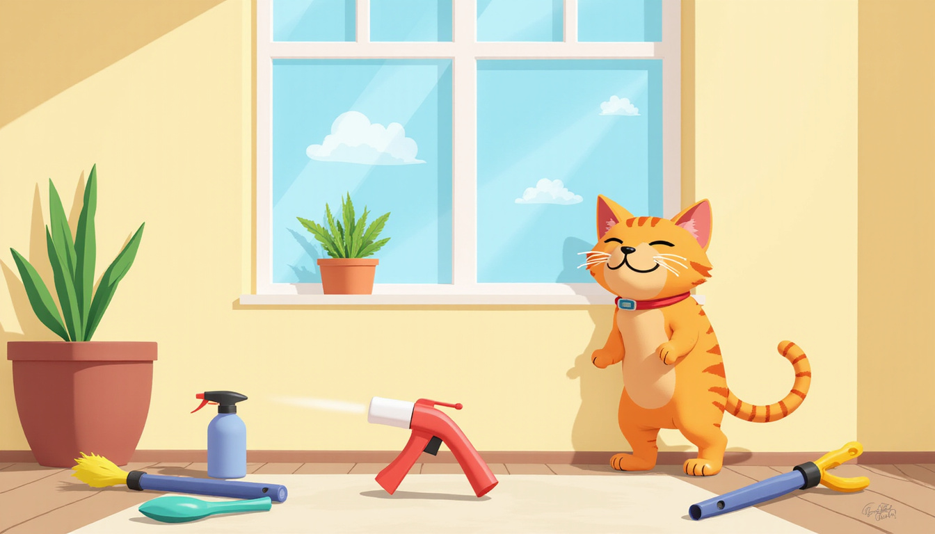 Calm cat avoiding marked walls, surrounded by pet training tools and sprays in bright home setting