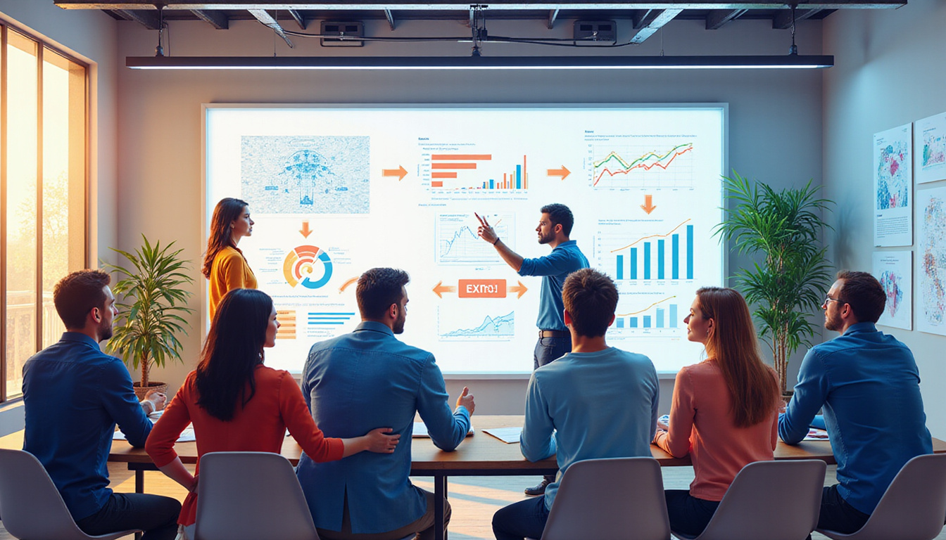 Diverse team discussing exit strategies, modern workspace, charts and graphs, collaborative atmosphere, bright colors