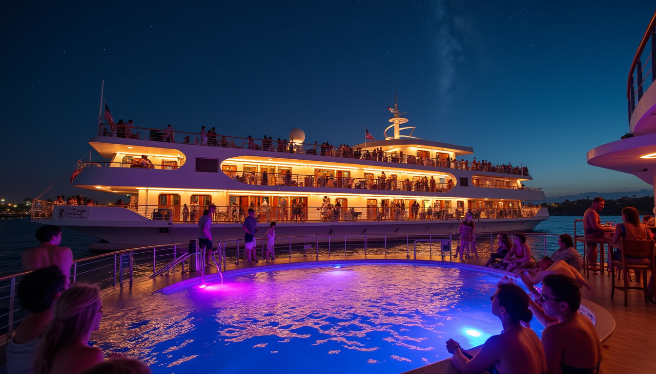 travelers enjoying vibrant onboard deck party under starry night on Nile cruise ship