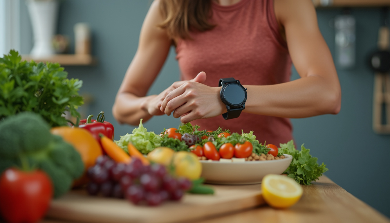 Athlete checking watch while preparing a balanced low carb meal for energy and fat loss