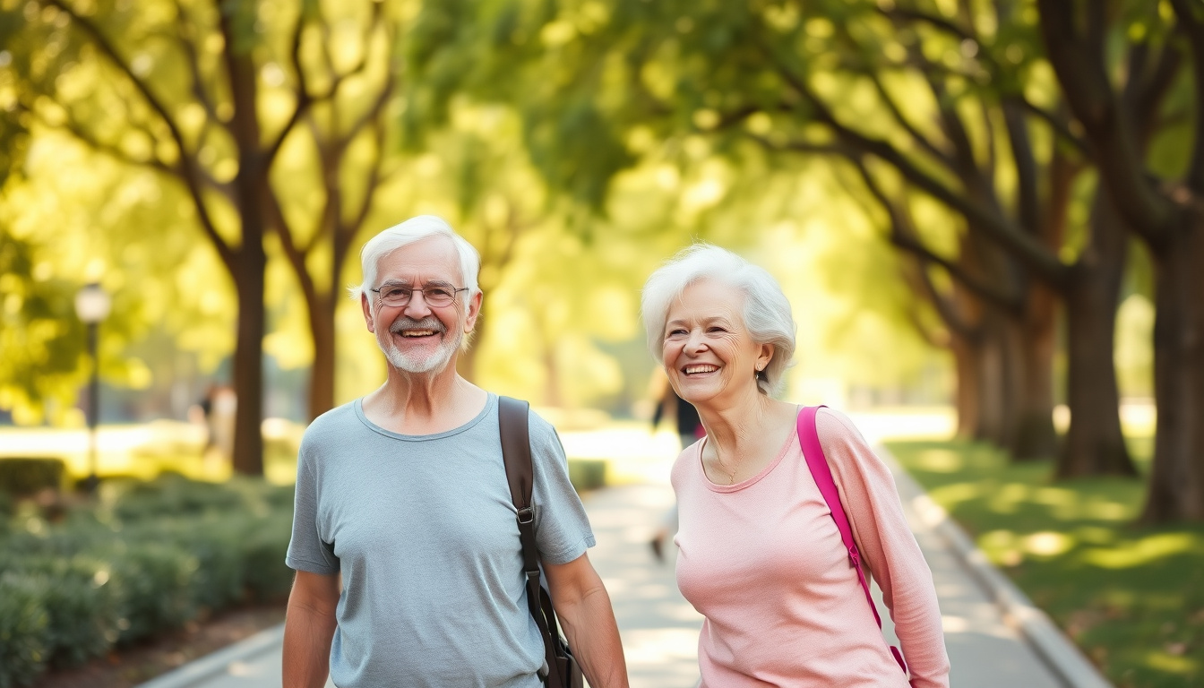 active elderly couple walking in park, smiling with ease, sunlight filtering through trees